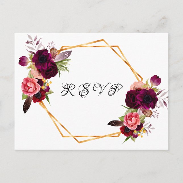 Wedding florals burgundy geometric sage green RSVP Invitation Postcard (Front)
