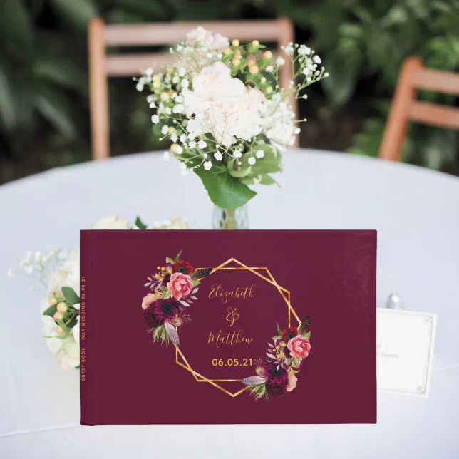 Wedding florals burgundy gold geometric guest book | Zazzle