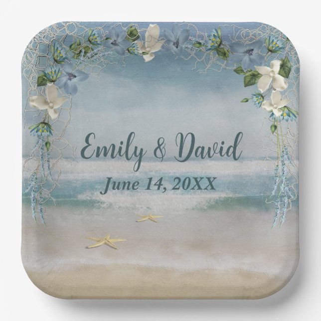 Wedding Flower Arch On Ocean  Paper Plates (Front)
