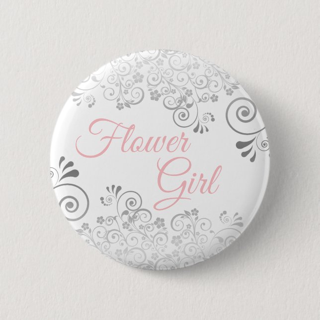 Wedding Flower Girl Button Pink & Gray (Front)