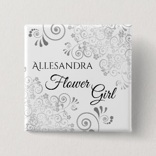 Wedding Flower Girl Name Tag Lacy Silver Filigree Button