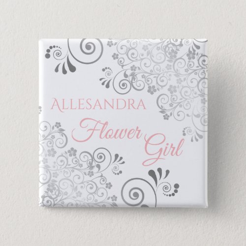 Wedding Flower Girl Name Tag Pink  Gray Frills Button