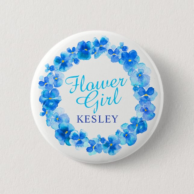 Wedding flower girl pansy blue flower custom name button (Front)