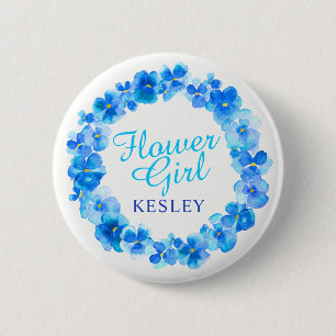 Wedding flower girl pansy blue flower custom name button