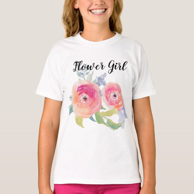 Wedding Flower Girl Watercolor Roses Bridal Party T-Shirt (Front)