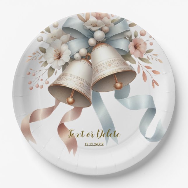 Wedding Flowers Bells Pink Blue Ribbons Beautiful Paper Plates (Front)