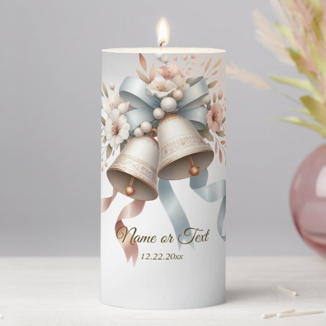 Wedding Flowers Bells Pink Blue Ribbons Beautiful  Pillar Candle (In Situ)