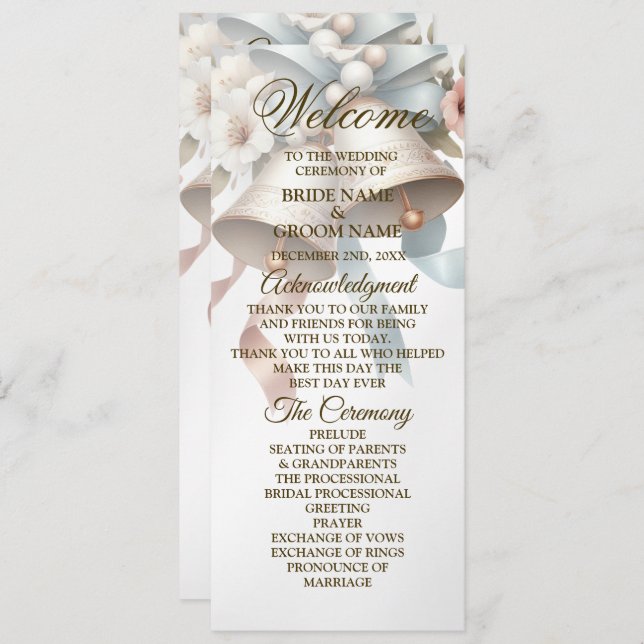 Wedding Flowers Bells Pink Blue Ribbons Beautiful Program (Front/Back)