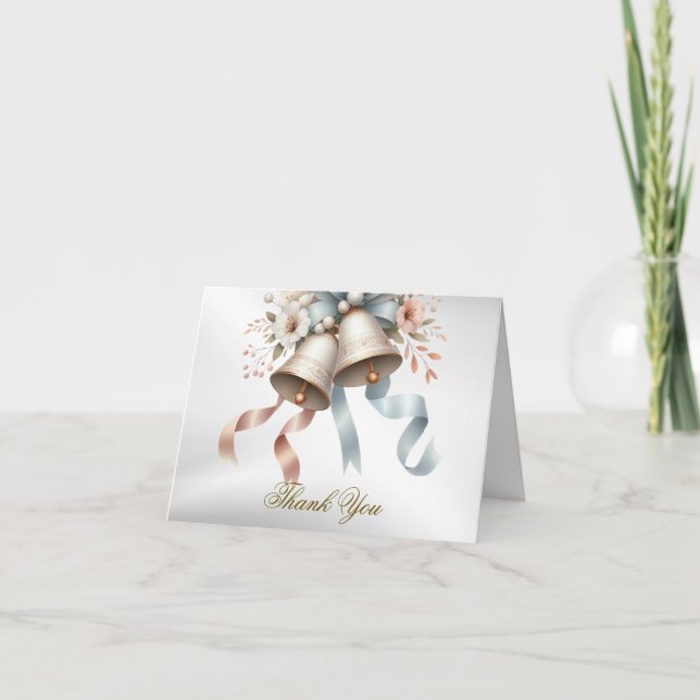 Wedding Flowers Bells Pink Blue Ribbons Beautiful Thank You Card (Front)