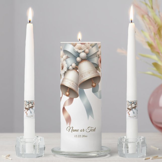 Wedding Flowers Bells Pink Blue Ribbons Beautiful  Unity Candle Set (In Situ)