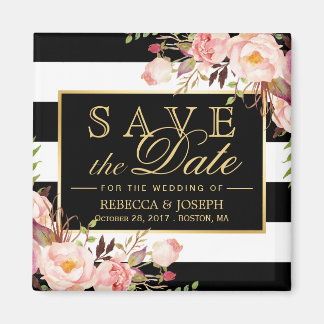 Wedding Flowers Black White Stripes Save the Date Magnet
