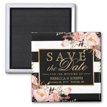 Wedding Flowers Black White Stripes Save The Date Magnet