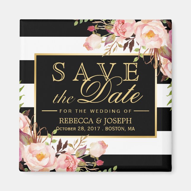 Wedding Flowers Black White Stripes Save the Date Magnet (Front)