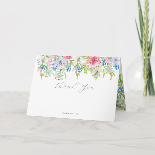 Wedding. Flowers lilies and birds Thank You Card (Front)