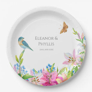 Wedding Flowers Lilies and Birds Watercolor Paper Plates