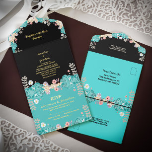 Wedding Flowers Watercolor Florals Black Foil All In One Invitation