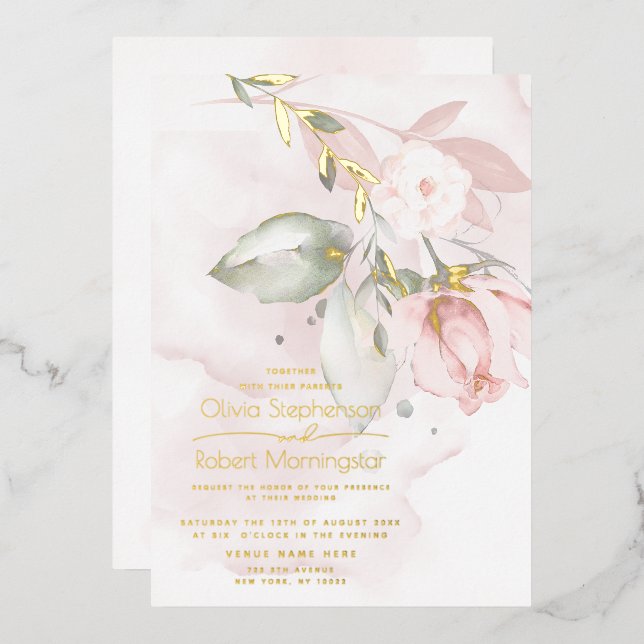 WEDDING  | Foil Woodland Blush Pink Rose Invitation (Front/Back)