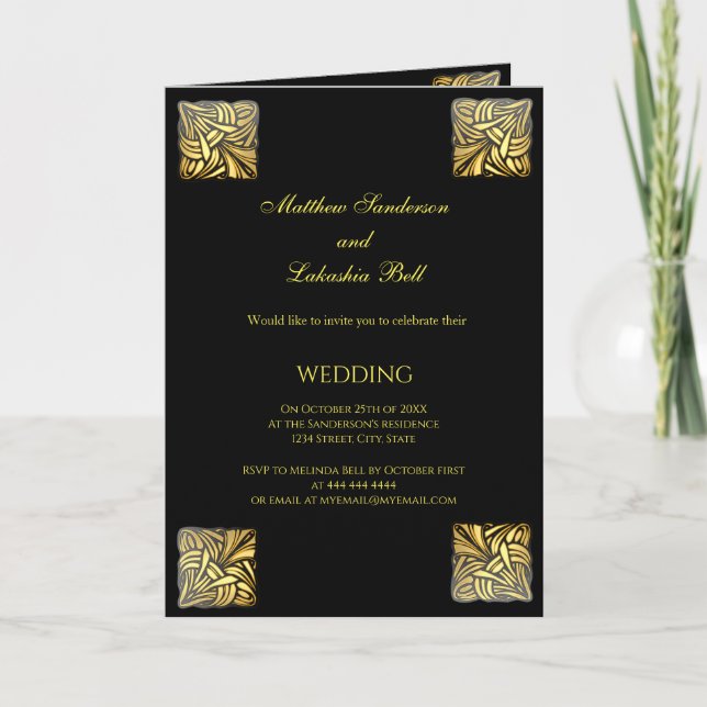 Wedding folded card Black Gold with menu (Front)