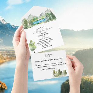 Wedding Forest Watercolor River Mountain Outdoors All In One Invitation