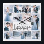 Wedding FOREVER LOVE Photo Collage Custom Color Square Wall Clock<br><div class="desc">Create a commemorative keepsake photo collage clock for the newlyweds with 11 of your favorite wedding and couple pictures or images. The design features the title FOREVER LOVE and personalized with the new Mr and Mrs name and wedding date in an editable silver gray color against a suggested white background...</div>