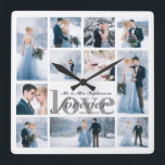 Wedding FOREVER LOVE Photo Collage Custom Color Square Wall Clock<br><div class="desc">Create a commemorative keepsake photo collage clock for the newlyweds with 11 of your favorite wedding and couple pictures or images. The design features the title FOREVER LOVE and personalized with the new Mr and Mrs name and wedding date in an editable silver gray color against a suggested white background...</div>