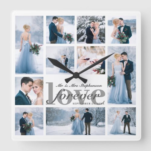 Wedding FOREVER LOVE Photo Collage Custom Color Square Wall Clock