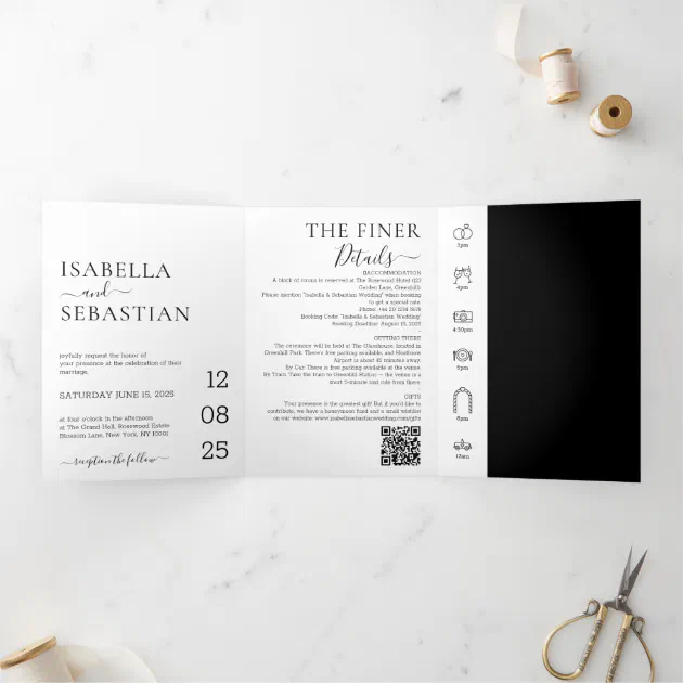 Clean simple black white wedding all in one invitation
