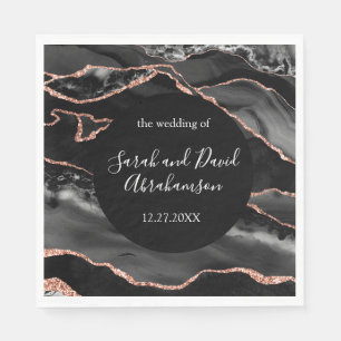 Wedding Formal Black and Rose Gold Glitter Agate Napkins