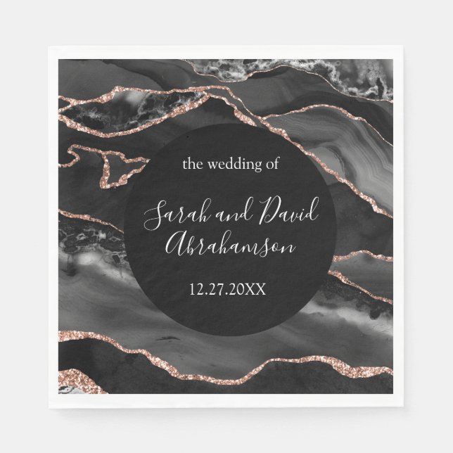 Wedding Formal Black and Rose Gold Glitter Agate Napkins (Front)