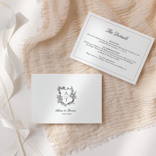 Wedding Formal Floral Crest Monogram Details Card