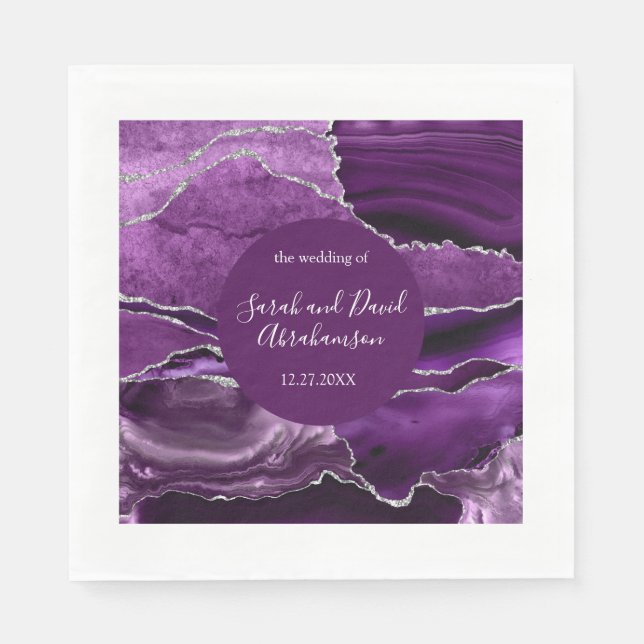 Wedding Formal Purple and SIlver Glitter Agate Napkins (Front)