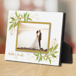 Wedding Frameless Photo Tabletop Easel Back Plaque<br><div class="desc">Tabletop plaque with a built-in easel features your favorite photo accented with beautiful watercolor green and gold leaves and dots. Great as a gift or to display your favorite photo in your own home. Your image colors are put directly on the hardboard panel for a stunningly crisp image with an...</div>