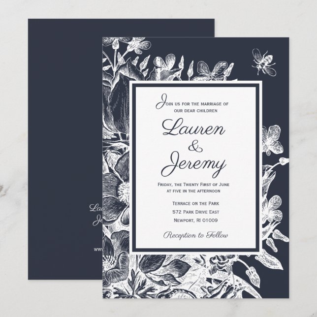 Wedding French Farmhouse Floral Navy & White Invitation (Front/Back)