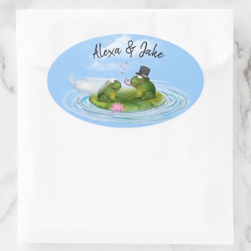 Wedding Frogs on Lily Pad Oval Sticker