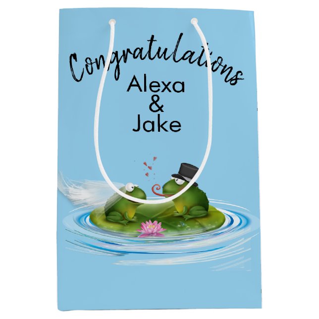 Wedding Frogs on Lily Pad with Hearts Medium Gift Bag (Front)