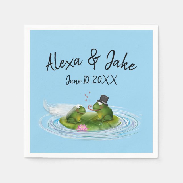 Wedding Frogs on Lily Pad with Hearts Napkins (Front)
