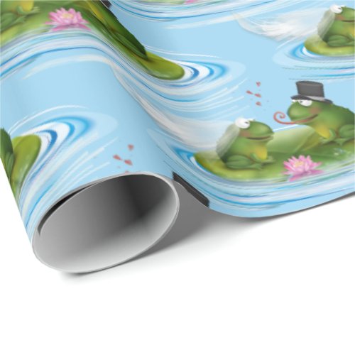 Wedding Frogs on Lily Pad with Hearts Wrapping Paper