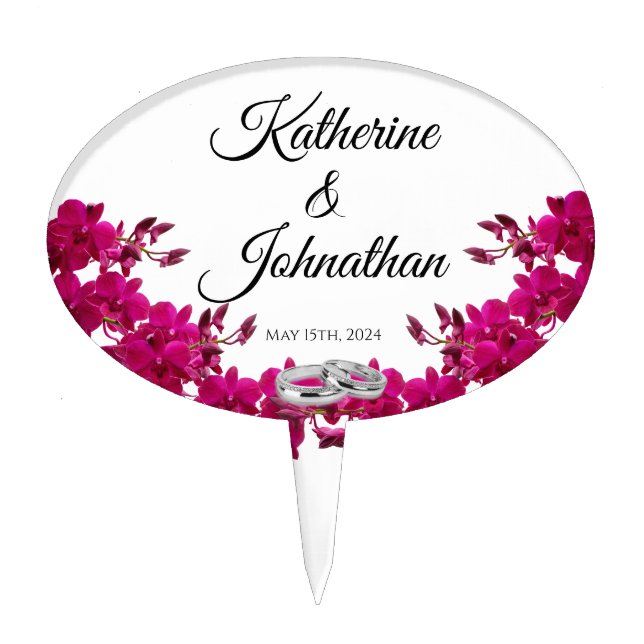 Wedding Fuchsia Orchids on White- Cake Topper (Front)