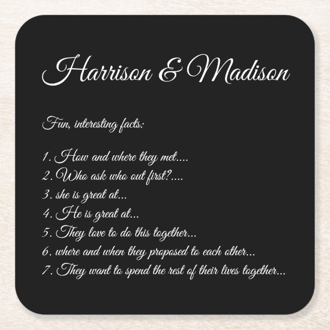 Wedding Fun Facts Custom Couple Script names  Square Paper Coaster (Front)