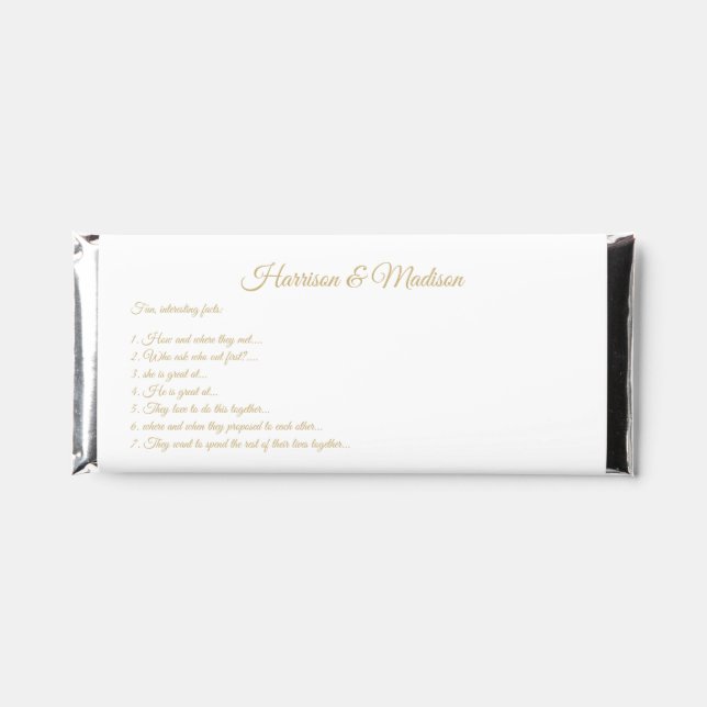 Wedding Fun Facts gold white custom script chic  Hershey Bar Favors (Front)