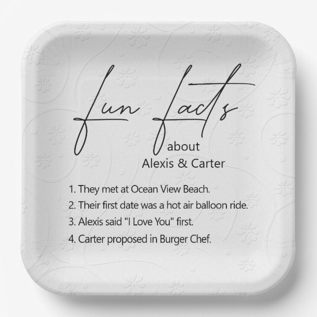 Wedding Fun Facts On Embossed Floral  Paper Plates (Front)