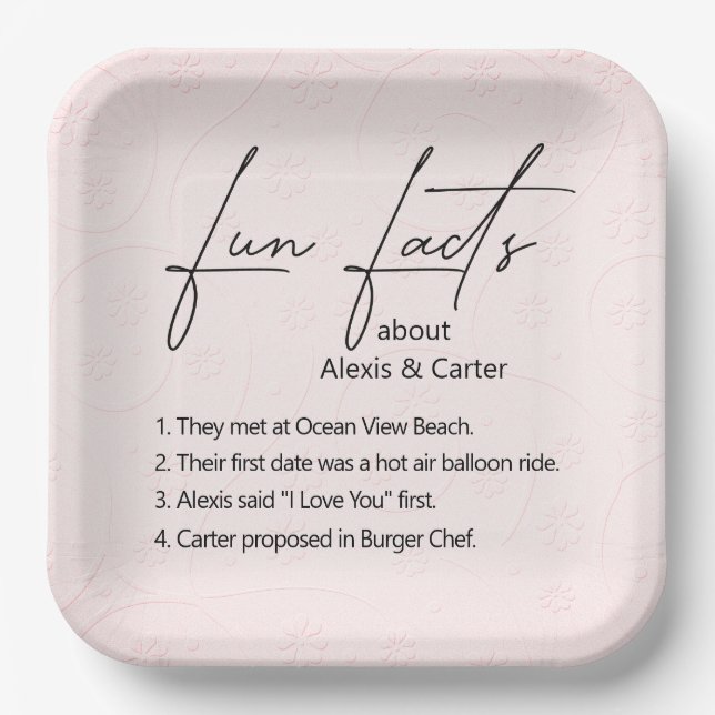 Wedding Fun Facts On Embossed Pink Blush Paper Plates (Front)