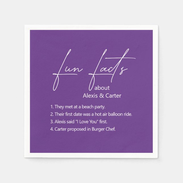 Wedding Fun Facts On Purple Napkins (Front)