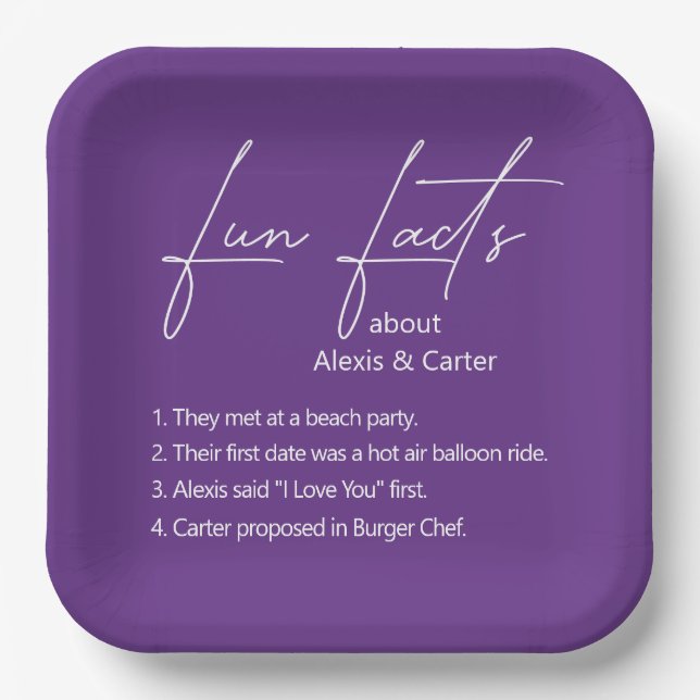 Wedding Fun Facts On Purple Paper Plates (Front)