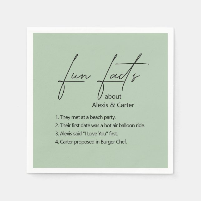 Wedding Fun Facts On Sage Green Napkins (Front)