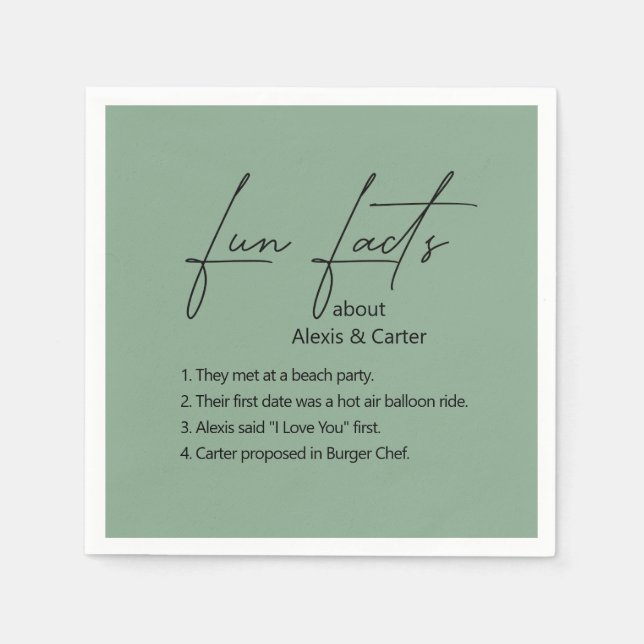 Wedding Fun Facts On Sage Green Napkins (Front)
