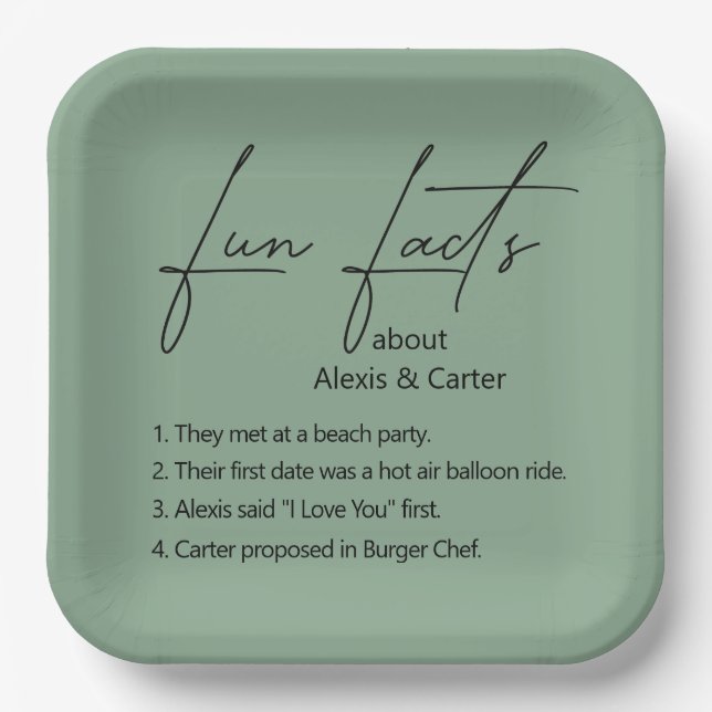 Wedding Fun Facts On Sage Green Paper Plates (Front)