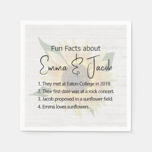 Wedding Fun Facts on Sunflower and Wood  Napkins