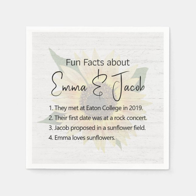Wedding Fun Facts on Sunflower and Wood  Napkins (Front)