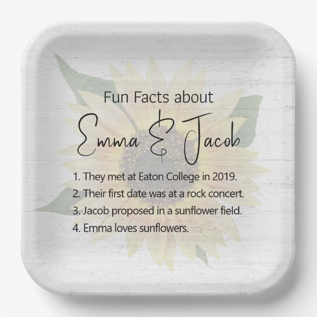 Wedding Fun Facts on Sunflower and Wood Paper Plates (Front)